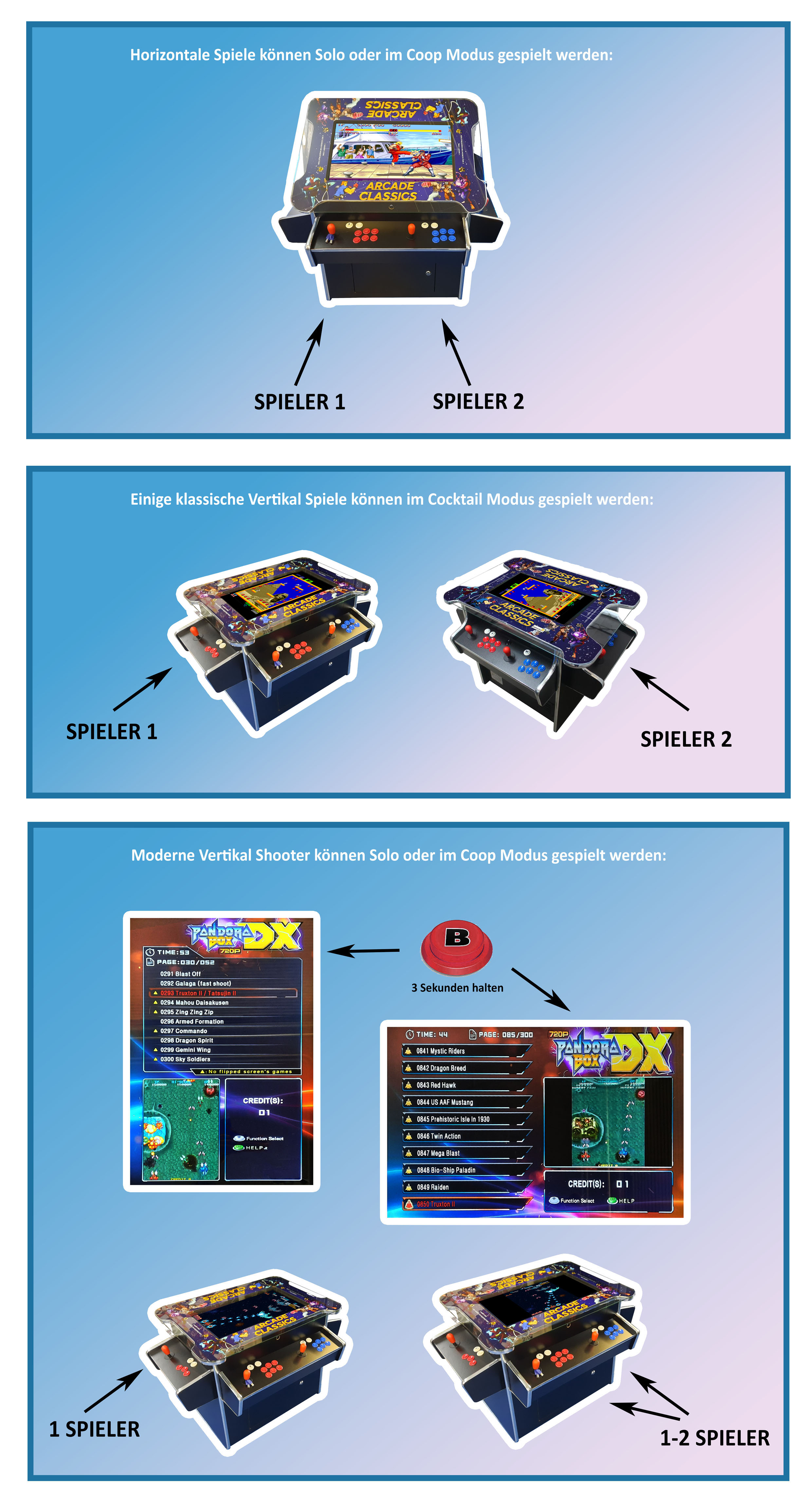 Videotisch 27" HD, Monitor hochstellbar, vertikal + horizontal, Pandora DX 3000 Spiele